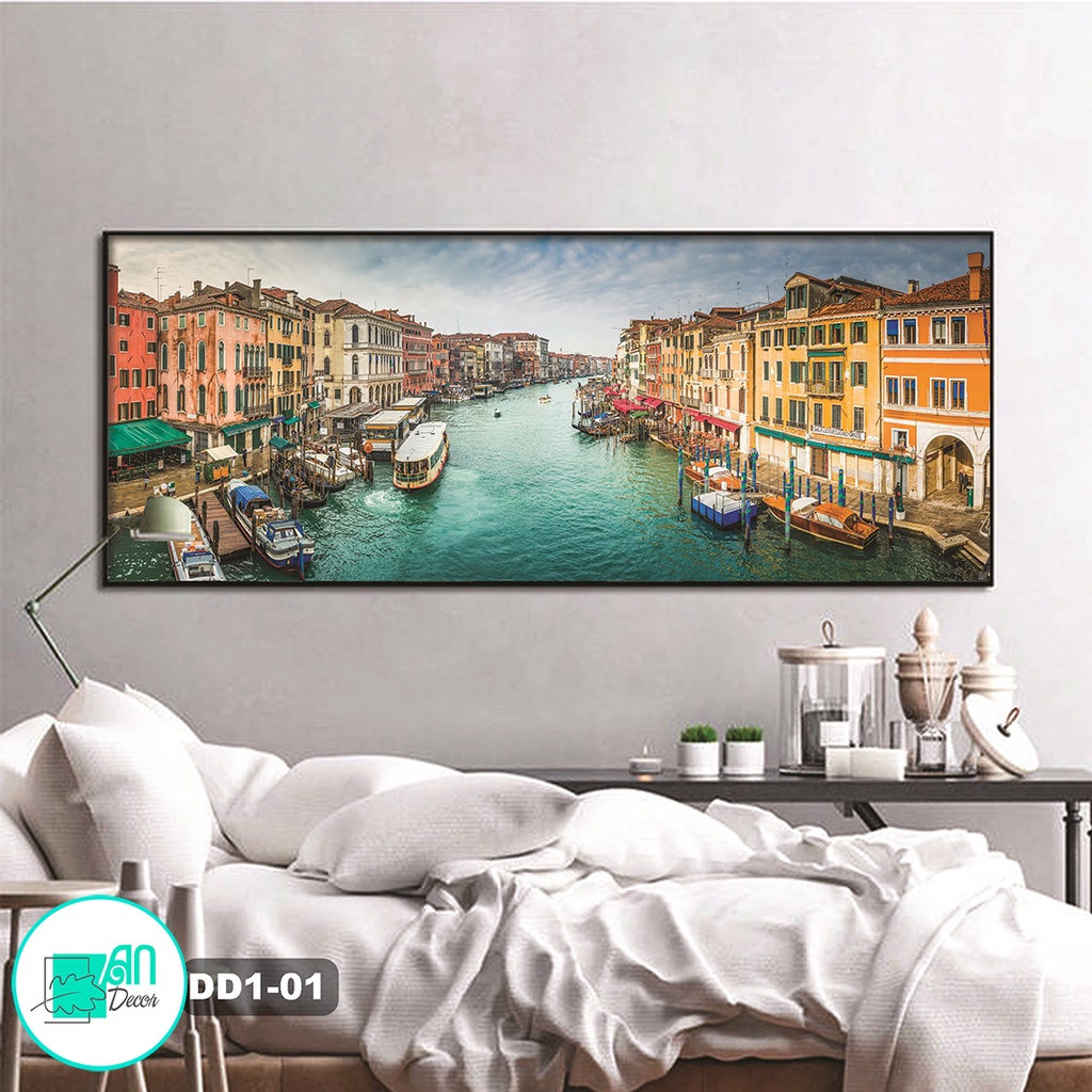 Tranh canvas treo tường phong cảnh thành phố bên sông Châu Âu khổ ngang DD01- 100 x 40 cm