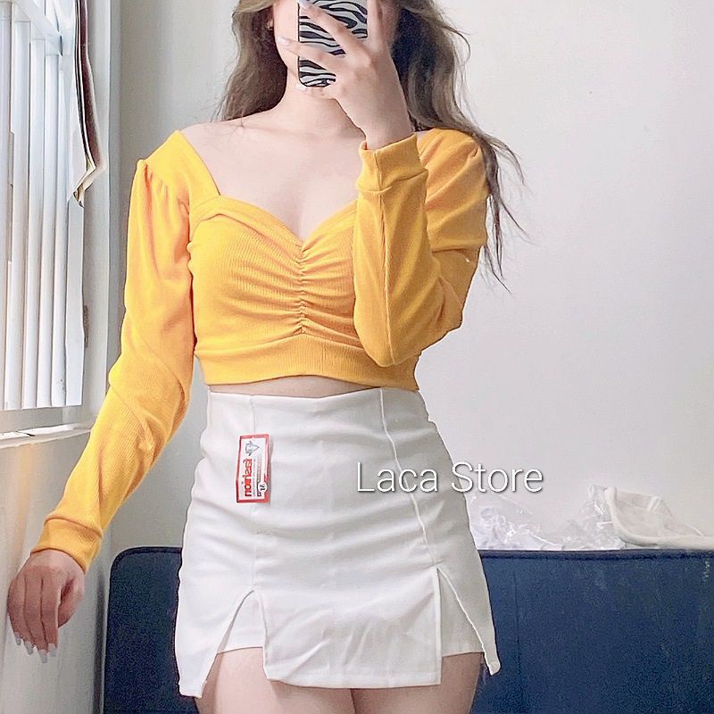 Áo Croptop Dài Tay Nhún Ngực Chất gân mịn Quyến Rũ Laca Store, áo crt kiểu bo ngực tay phồng B10-1