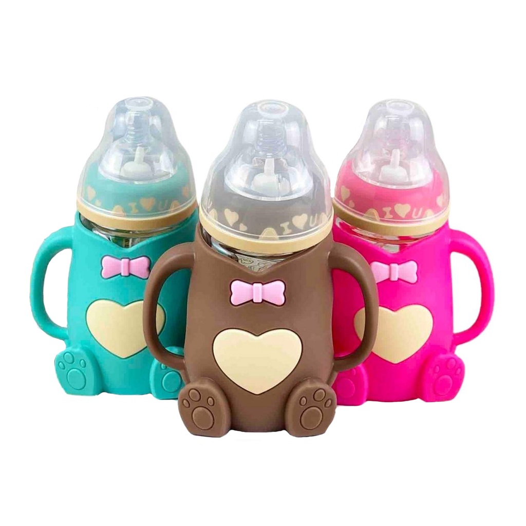 Bình sữa thủy tinh chống sặc HINATA - Giúp bé dễ cầm và dễ bú ở mọi tư thế BS01