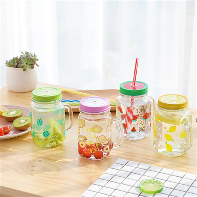 Cốc thủy tinh có nắp kèm ống hút, cốc thủy tinh có quai cầm dung tích 450ml | BigBuy360 - bigbuy360.vn