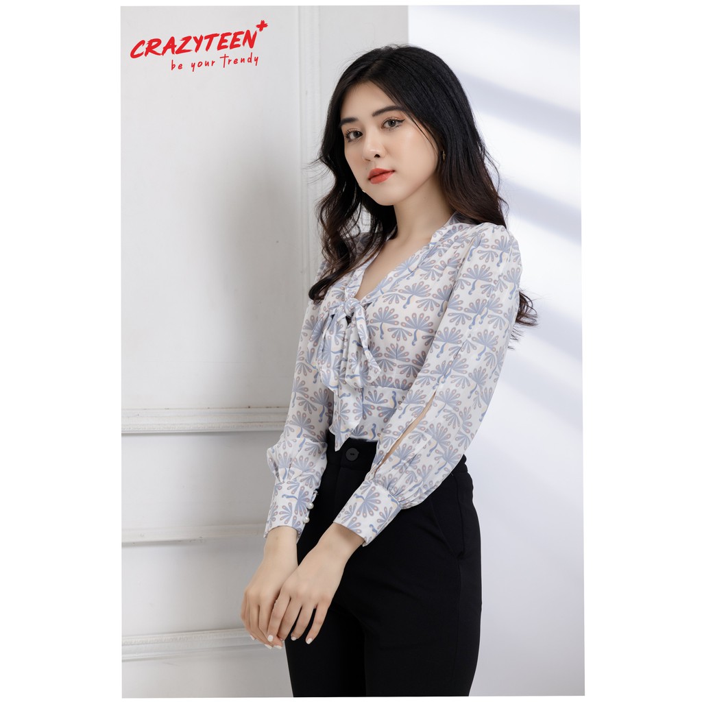 Áo sơ mi nữ form croptop cổ phối nơ tay xẻ CRAZYTEEN phong cách sang trọng (A0087)