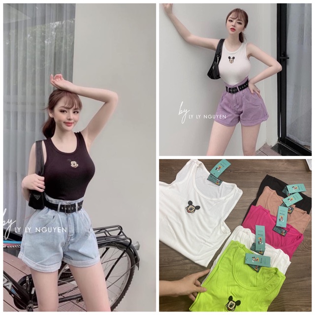 Áo ba lỗ thêu mickey nữ🌸 áo hai dây quai to thun tăm dáng body siêu xinh🌸[free ship]