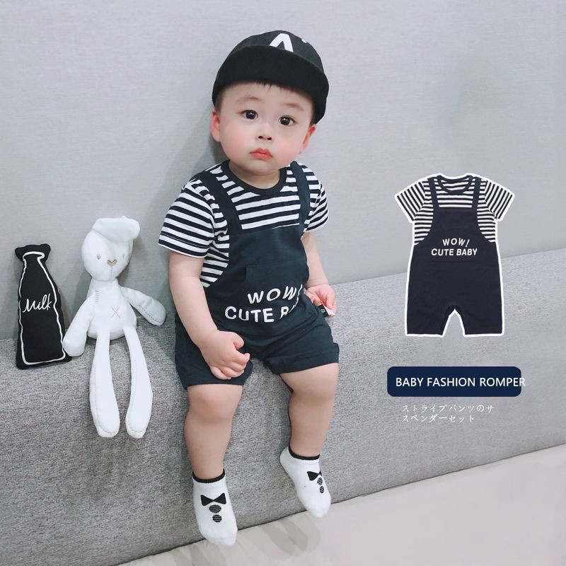 Bộ Áo Liền Quần Ngắn Tay Họa Tiết Kẻ Sọc Dễ Thương Thời Trang Mùa Hè Cho Trẻ Sơ Sinh