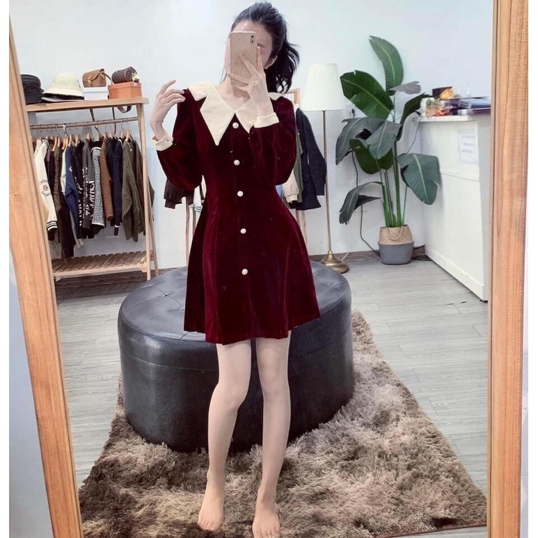Bán sỉ váy nhung phối cổ trắng
