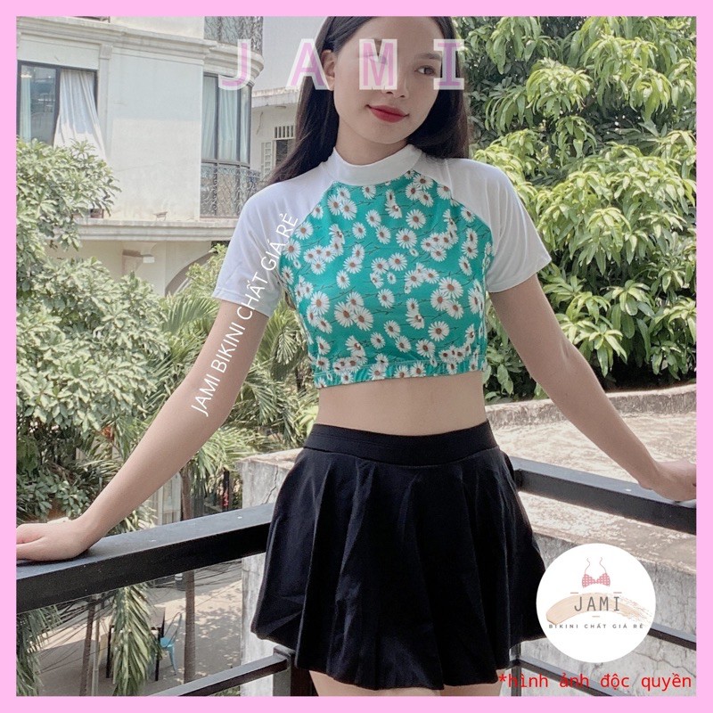 Đồ bơi bikini tay dài hoa cúc xanh ngọc váy cạp cao đi biển - ATD39 | BigBuy360 - bigbuy360.vn