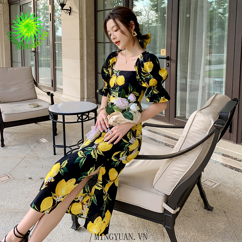 ( Mingyuan ) New retro square collar slim print dress