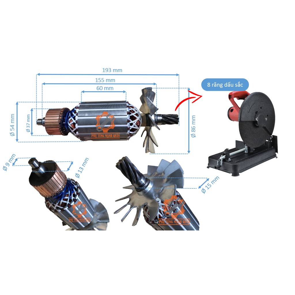 rotor/ruột máy cắt sắt LG bi đuôi 9 mm 8 răng dấu sắc tặng kèm chổi than cao cấp
