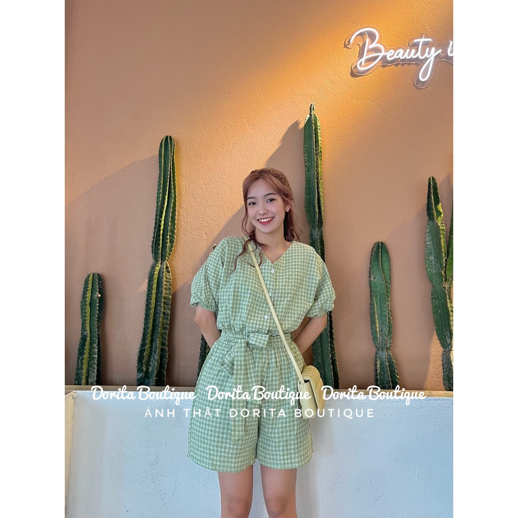 Jum kẻ kèm đai dáng Hàn, Jum kẻ caro kèm đai vải đũi xốp - Dorita Boutique