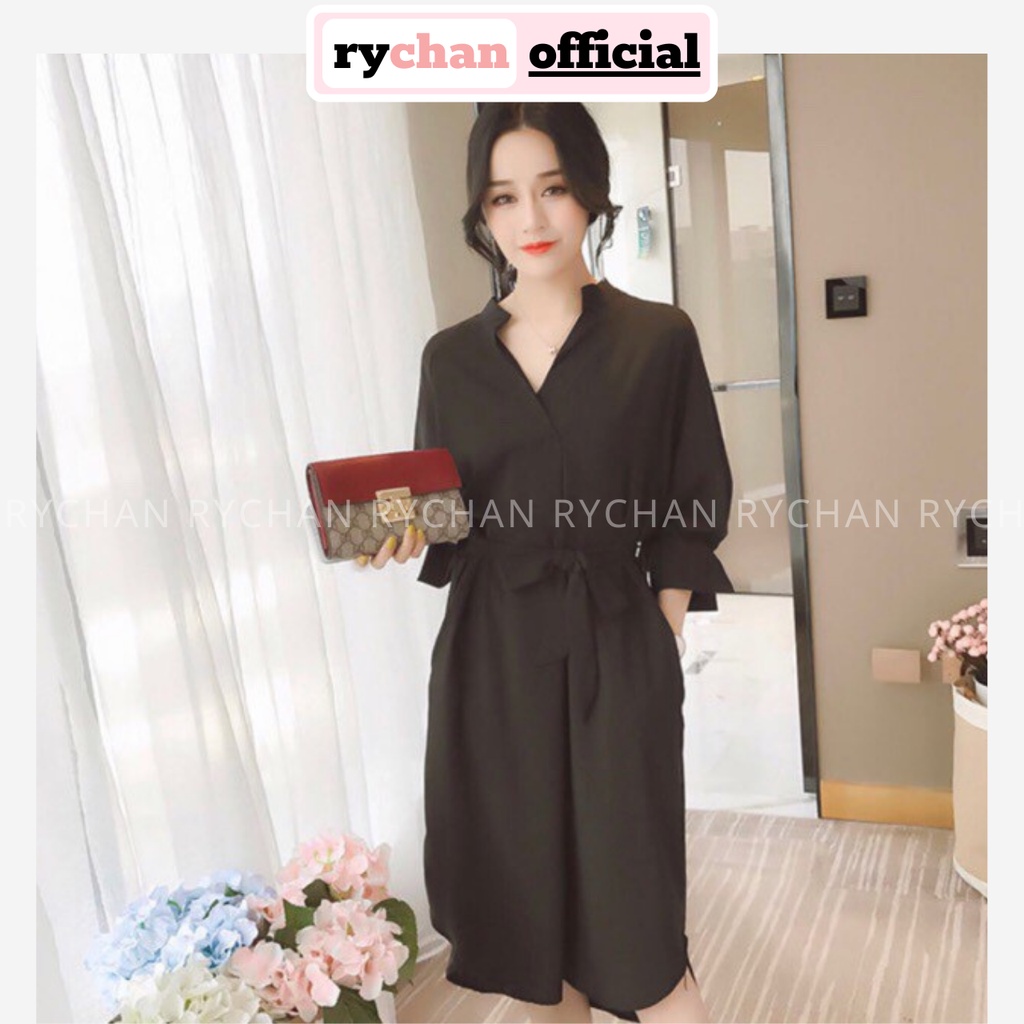 DS696 - Đầm Suông Đen Cột Nơ Eo