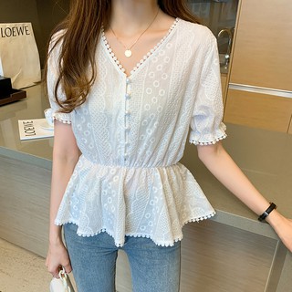 Crochet Lace V Neck Elegant Ruffle Casual Peplum Top Korean Women Short Sleeve Summer Blouse White
