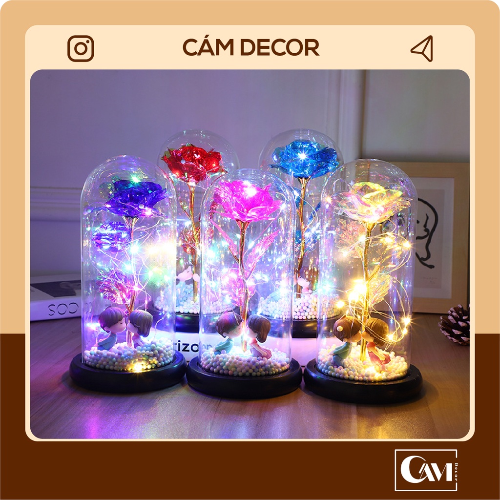 Đèn led trang trí hoa hồng thủy tinh mạ vàng 24k cao cấp