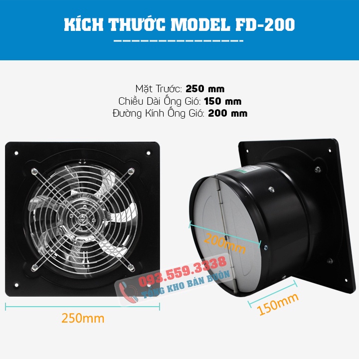Quạt Hút Gió, Quạt Thông Gió FD 200 Công Suất 80W Quạt Hút Mùi Nhà Bếp , Nhà Vệ Sinh , Phòng Ngủ - Sức Gió 1300 m3/h