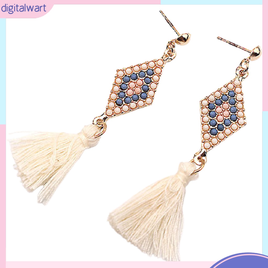 Cặp khuyên tai hình thoi đính đá phối bông tua rua cá tính sang trọng dành cho nữ