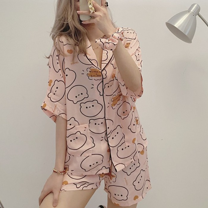 COMBO Bộ Ngủ Pijama Chất Lụa Hoạ Tiết Dễ Thương Kèm Dây Buộc Tóc Scrunchies | BigBuy360 - bigbuy360.vn