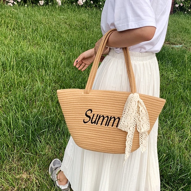 Túi xách nữ thời trang mới Thông thường đơn giản thêu chữ cái Túi đeo vai Đi biển Kỳ nghỉ Túi xách bện (bao gồm ruy băng)