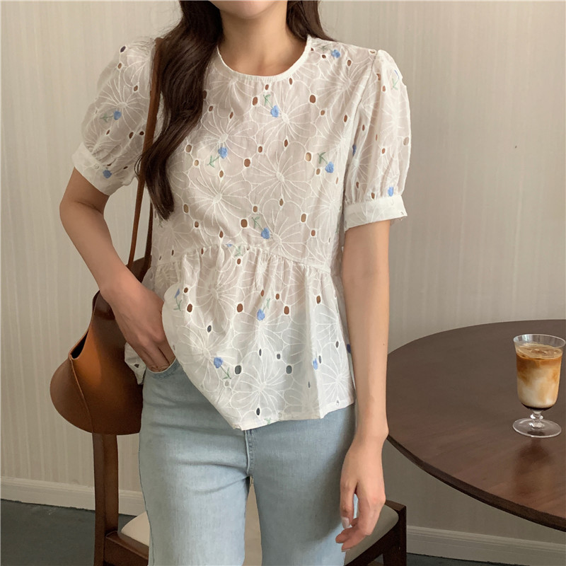 SUXI Áo Thun Tay Ngắn Cổ Tròn Thêu Họa Tiết Phong Cách Hàn Quốc Cho Nữ