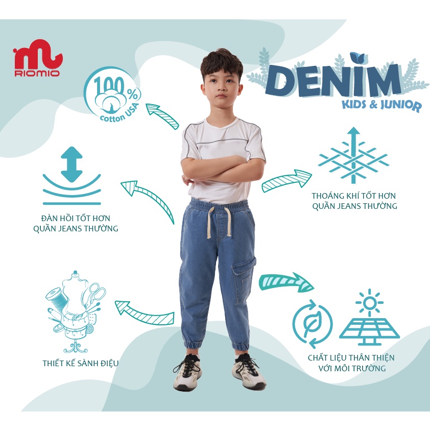 Quần bò bé trai jean dài cho bé 10-11 tuổi RIOMIO cạp chun chất liệu Denim Cotton USA cao cấp - RM014