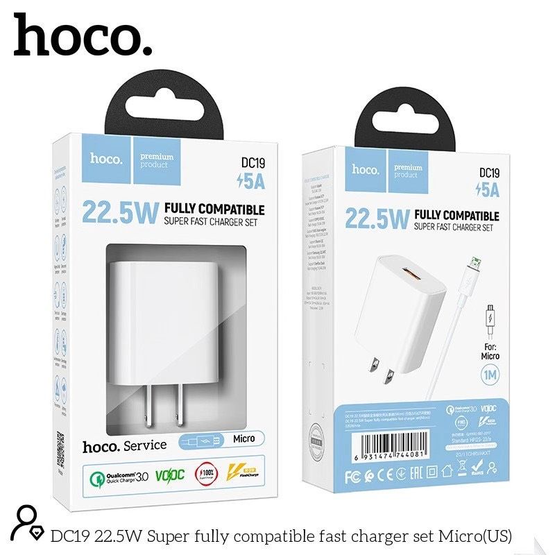 Bộ sạc nhanh Micro Hoco DC19 22.5W hỗ trợ PD QC 3.0 VOOC cho điện thoại Android: Samsung, Oppo, Vivo... dùng cổng Micro