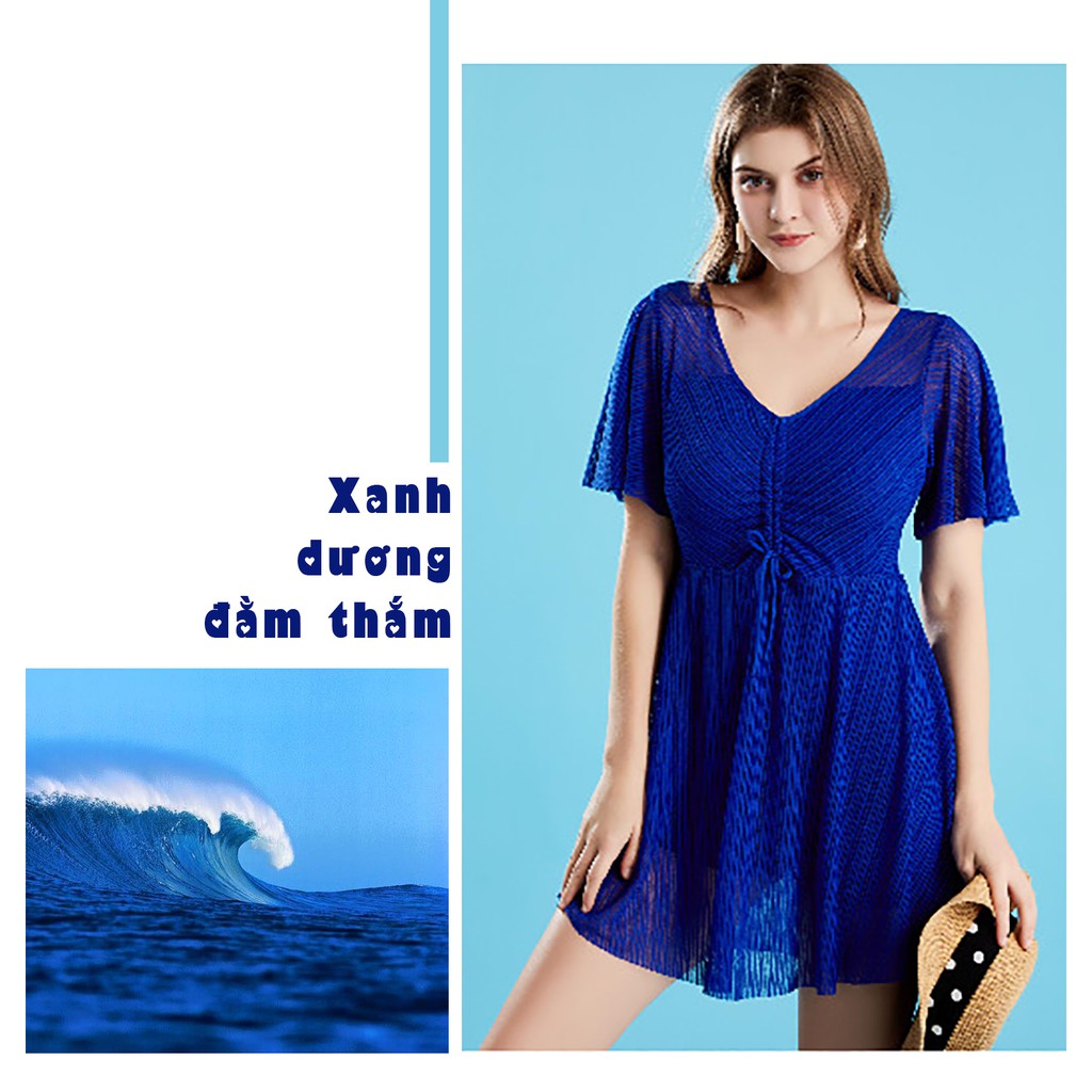 Áo tắm liền váy nữ cổ chữ V chun ngực tay loe giấu bụng MH2021+2027 | BigBuy360 - bigbuy360.vn