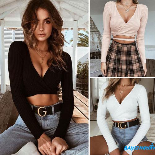 Áo thun tay dài cổ chữ V khoét sâu gợi cảm cho nữ