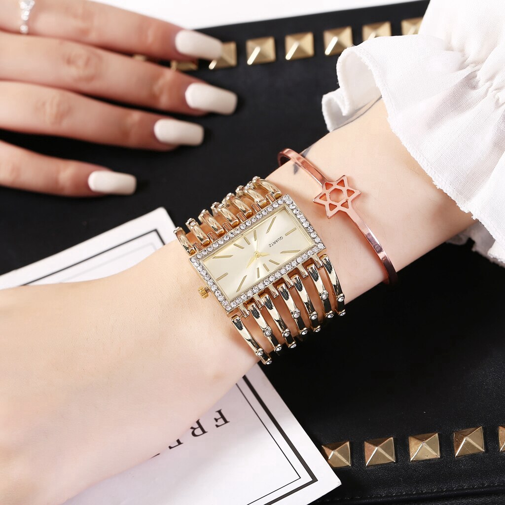 Đồng hồ inox mặt vuông đính đá thời trang cho nữ