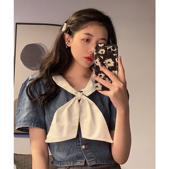 Women's Short Style2021Younger Summer Puff Sleeve Top Doll Collar Korean Style Sense of Design Shirt Denim New