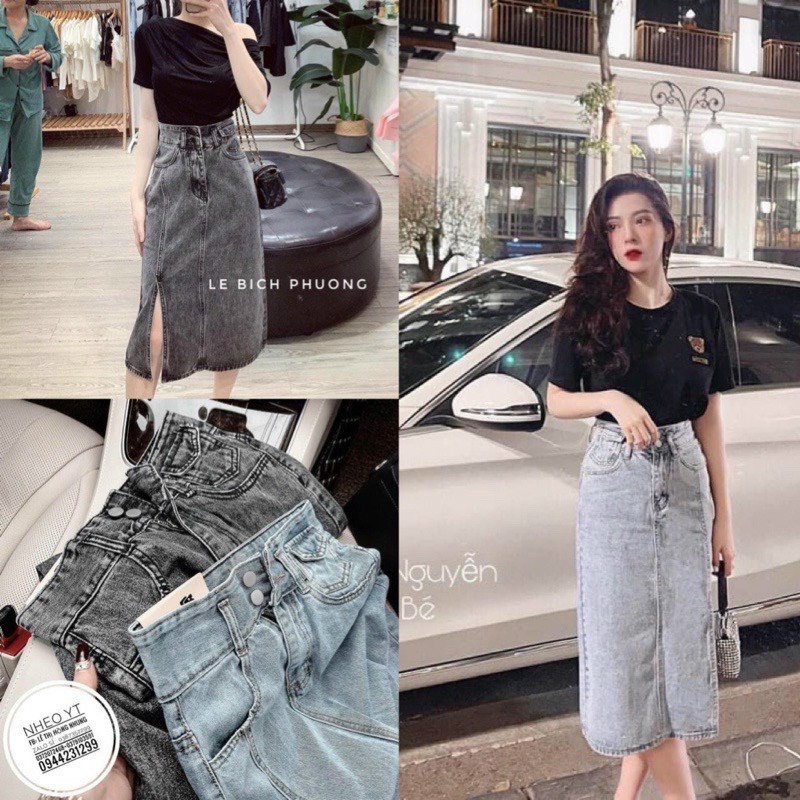 Chân váy jeans 2 khuy sẻ trước chất dày dặn.