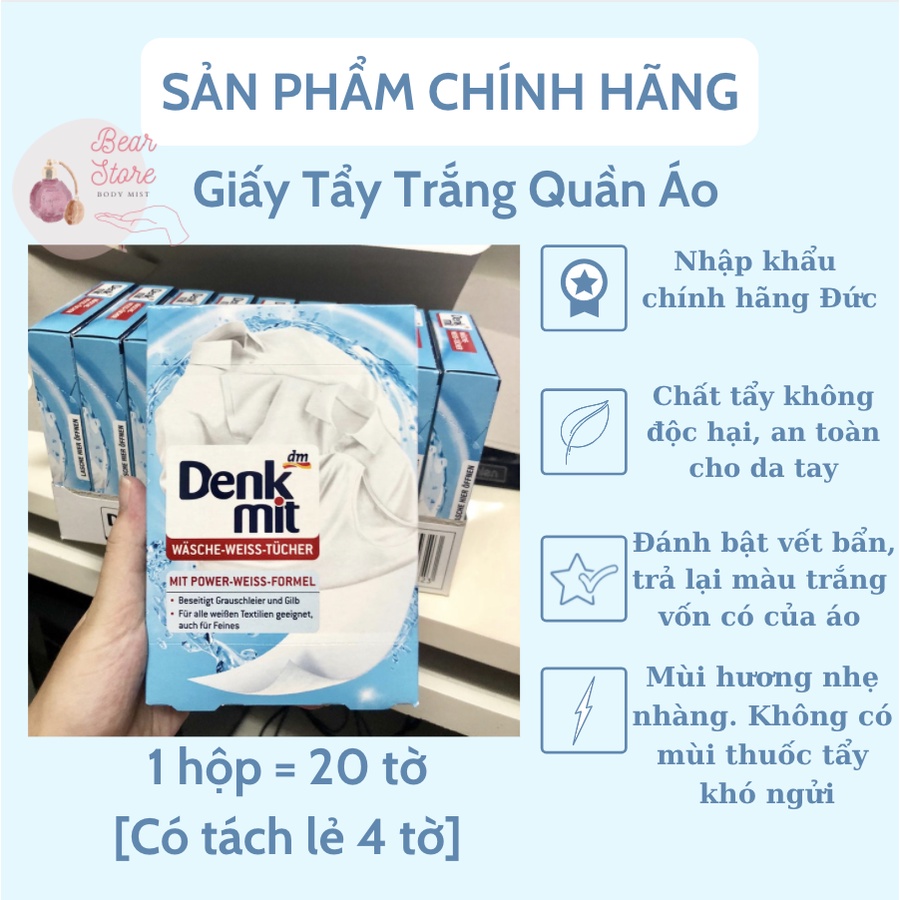 Giẩy tẩy trắng quần áo Denkmit nhập khẩu tại Đức mùi hương nhẹ nhàng an toàn cho da tay 20 tờ