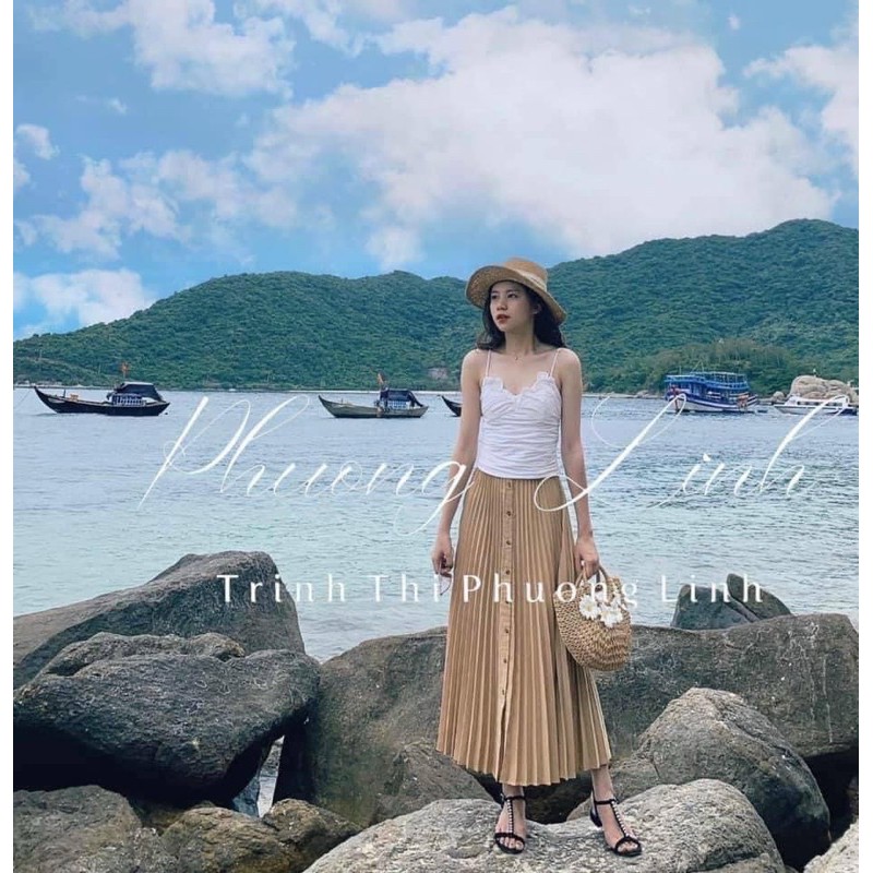 VÁY MIDI MÀU NUDE XẾP LY SIÊU ĐẸP