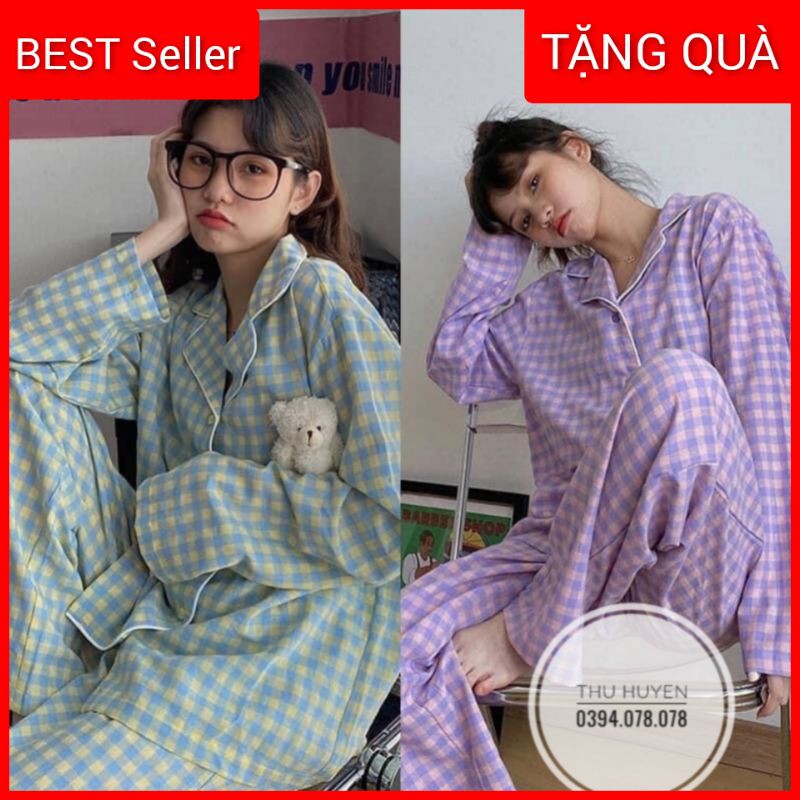 - Bộ ngủ pyjama dài tay kẻ caro thời trang 2023