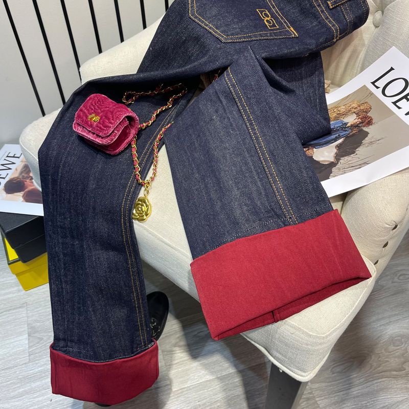 Quần Jean Nữ Ống Rộng Lưng Cao Màu Sắc Tương Phản Thời Trang Xuân Thu 2022