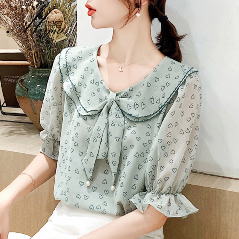 Áo voan kiểu cổ bèo nơ họa tiết trái tim
