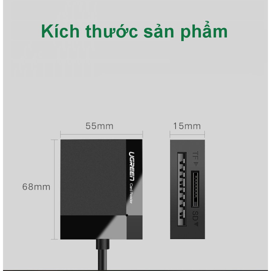 Đầu đọc thẻ USB 3.0 hỗ trợ thẻ TF/SD/CF/MS dài 0.5-1.5m UGREEN CR125