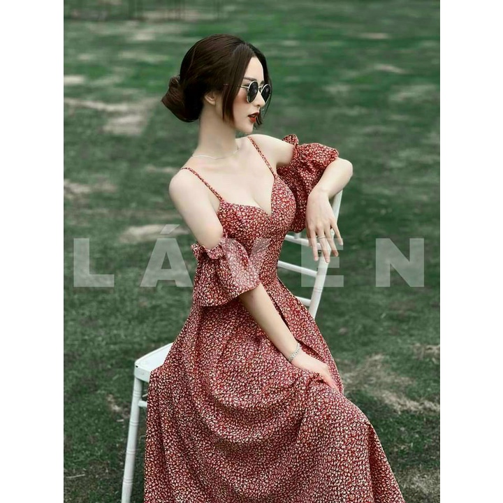 đầm maxi hai dây (có mút) chất lụa hoa, thích hợp cho đi biển