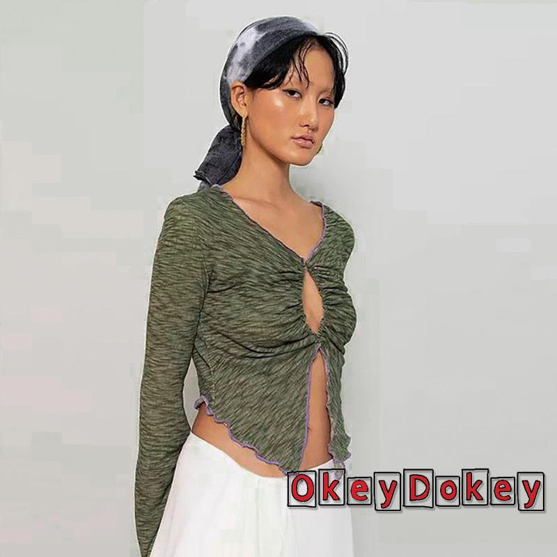 Áo croptop tay dài cổ chữ V thiết kế quyến rũ cho nữ