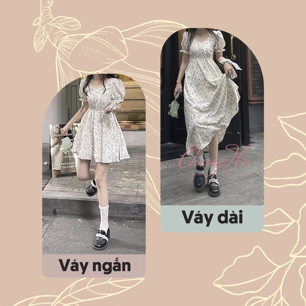 Váy/đầm xòe dáng ngắn họa tiết hoa nhí thắt nơ dễ thương dáng dài Vintage tiểu thư nữ tính V00091