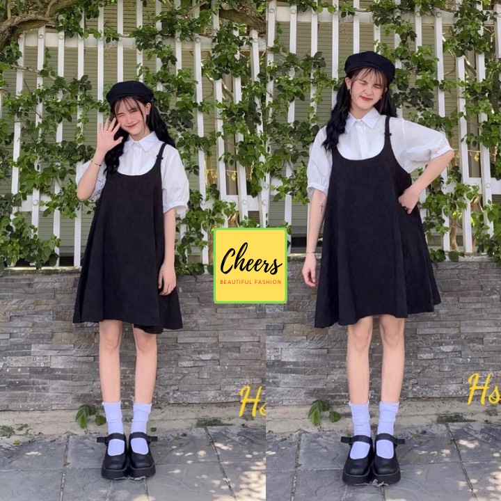 Sét Váy Babydoll Đen Mix Sơ Mi Tay Trắng Tay Phồng Dễ Thương Vintage Chất Thô Lụa Cheery Store SP944