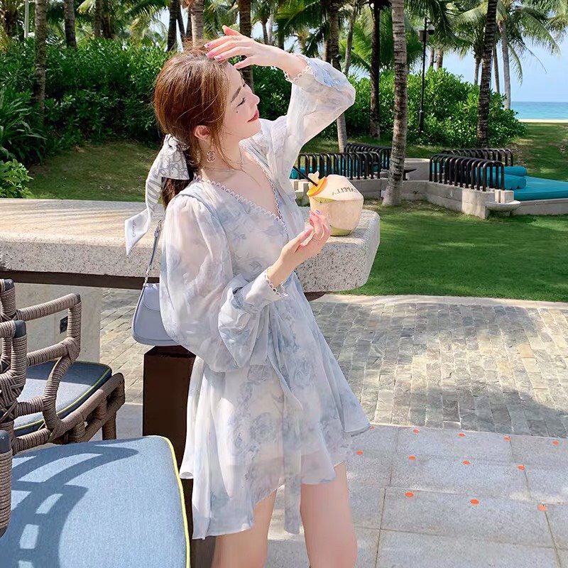 Đầm Hoa Cổ Chữ V Dáng Xòe Tay Bồng HT45 HaLuu Store Thích Hợp Cho Nữ