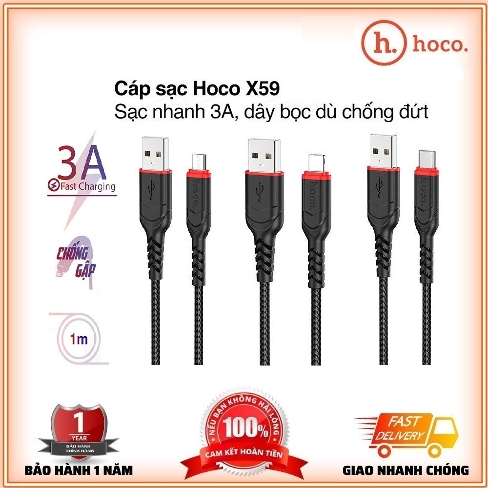 Cáp Sạc Hoco X59 Dây Dù Chống Đứt, Dây Sạc Nhanh 2.4A/3A và Hỗ trợ Truyền Dữ Liệu cho các dòng điện thoại - Bảo Hành 12T