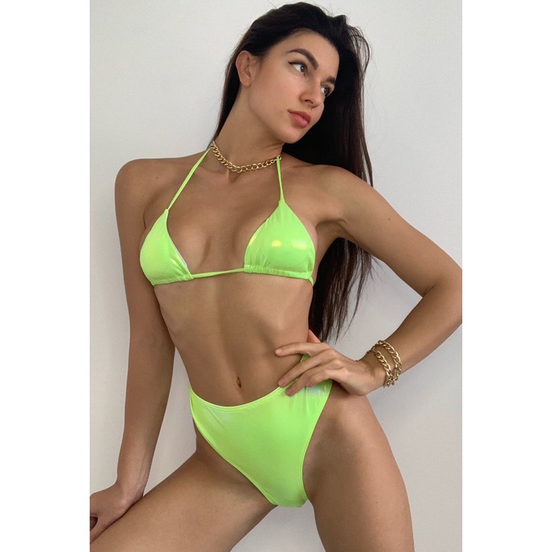 [BKN944] &lt;ÂU&gt; SET BIKINI 3 MÓN XANH NEON DA BÓNG KÈM NỬA ÁO (CẠP CAO)