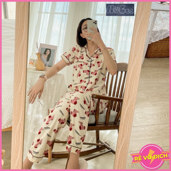 [FREESIZE] Đồ Bộ Quần Áo Ngủ Nữ Mặc Nhà Cộc Tay Pijama HUGEE Chất Vải Kate Thái Loại 1 Màu Vàng Kem Hình Gấu Bur A037