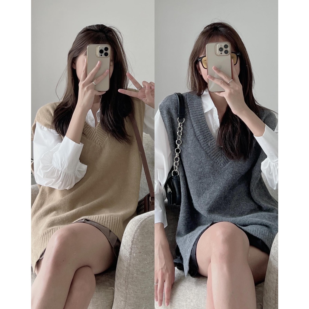 A825 Áo gile len AUDREY dáng dài rộng xẻ tà