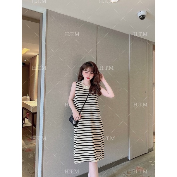 ĐẦM KẺ SỌC NGANG CHẤT LEN MONGTOGHI SIÊU HOT, Váy maxi dáng dài ba lỗ hot trend năm 2022