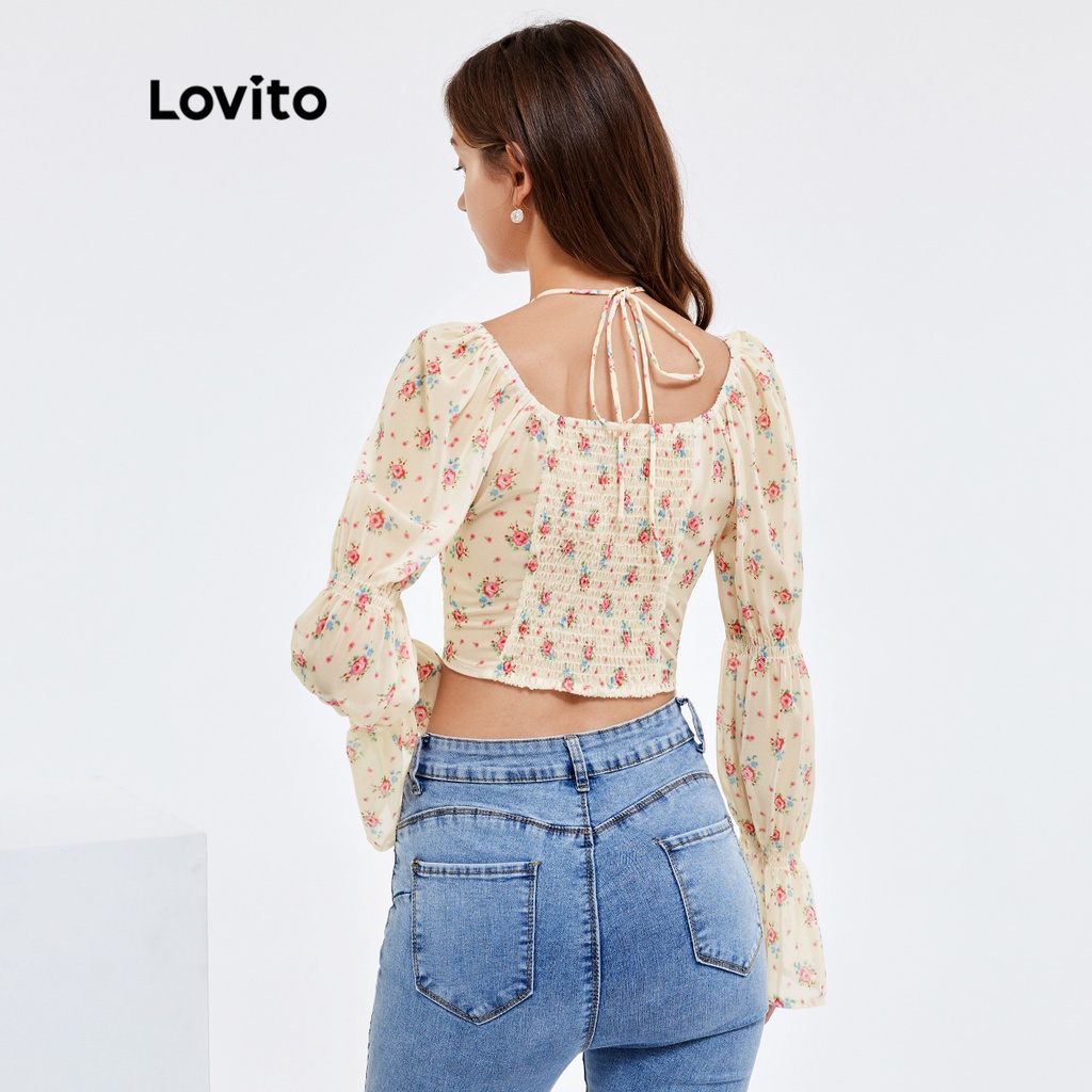 Áo kiểu Lovito họa tiết hoa nhí tay áo Virago phong cách dễ thương L25AD104 (màu trắng ngà)