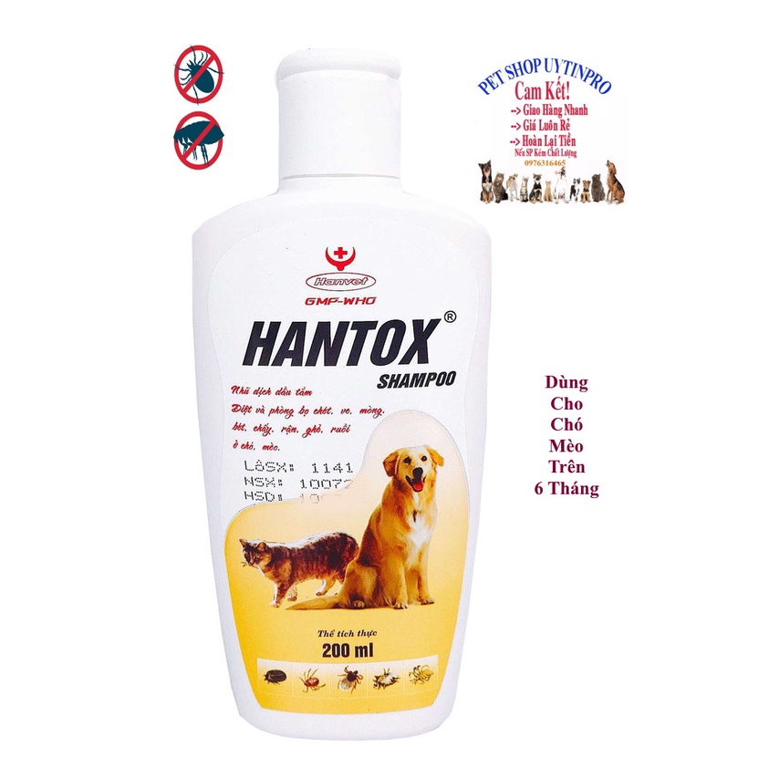 Sữa tắm trị ve, rận, bọ chét, ghẻ trên Chó Mèo Pet Thú Cưng HANTOX SHAMPOO Nhũ bạc Chai 200ml Sx tại Hanvet VN