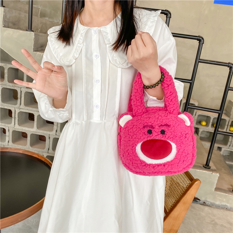 Túi len cừu dễ thương 2022, túi xách tay quai ngắn hình Gấu Teddy - Dâu Tây