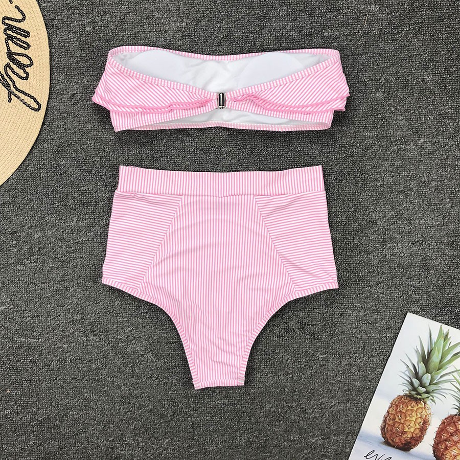 Bộ đồ bơi không dây eo cao có mút ngực họa tiết kẻ sọc phối bèo thời trang | BigBuy360 - bigbuy360.vn