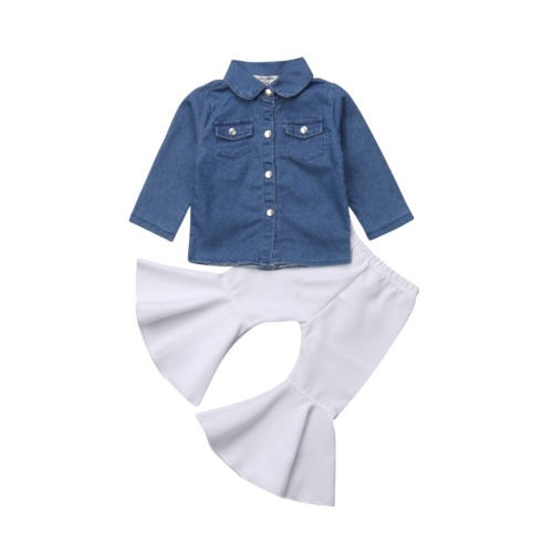 Set Áo Denim Tay Dài + Quần Ống Loe Thời Trang Cho Bé Gái