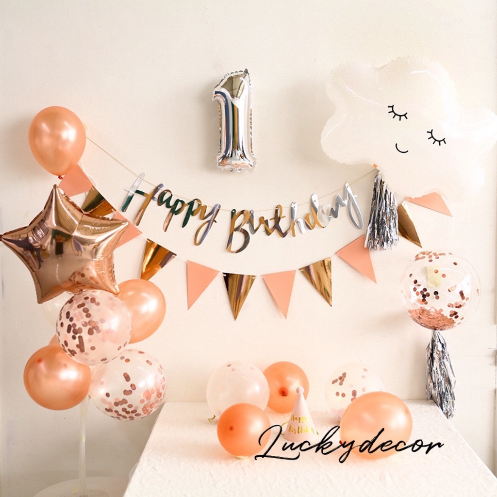 Combo Bóng Bay Trang Trí Sinh Nhật Đủ Phụ Kiện MC022 Màu Rose Gold