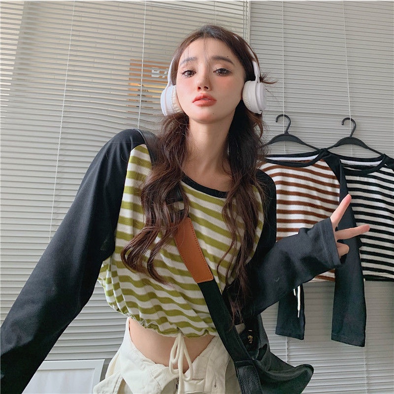 Áo Thun Ngắn Họa Tiết Kẻ Sọc Dễ Thương Phong Cách Hàn Quốc Thời Trang Cho Nữ